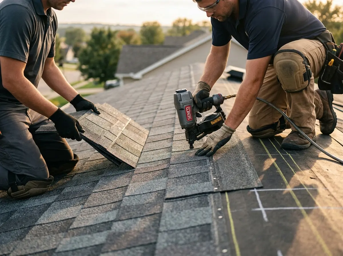 Professional roofer working on a residential roof in Fortuna Foothills